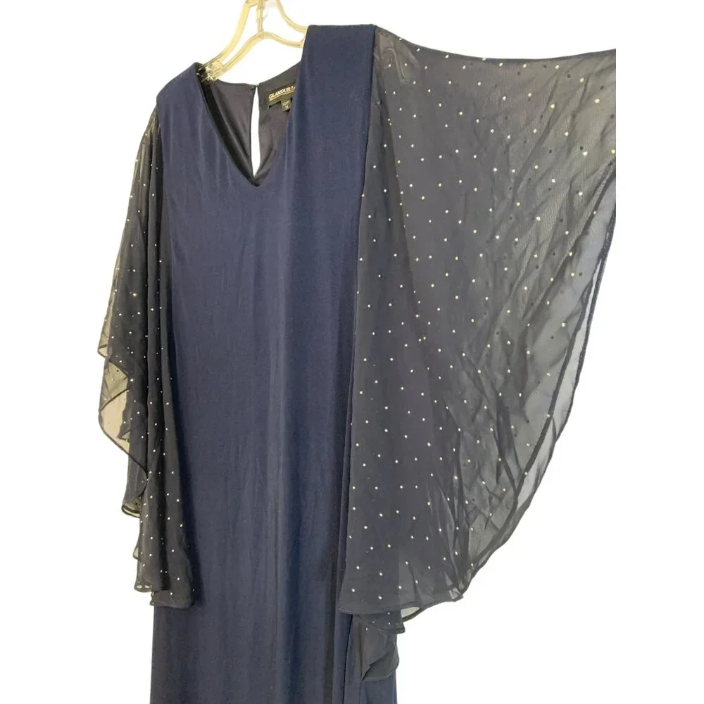 New Glamour Navy Formal Gown Sheer Bead Flutter Sleeves Size 14 - Picture 4 of 8